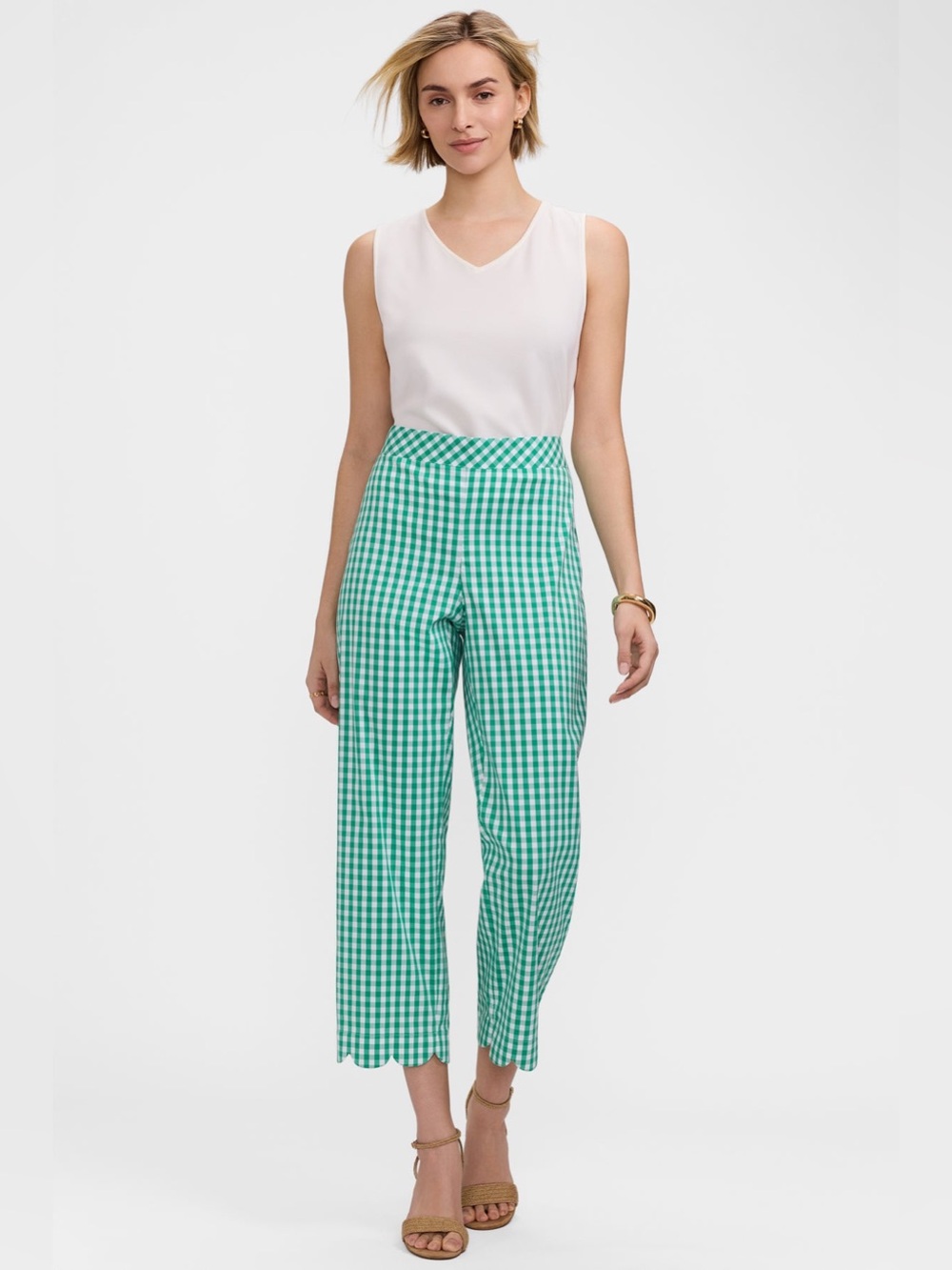 Foxcroft Elaine Gingham Stretch Matte Sateen Scallop Hem Capri